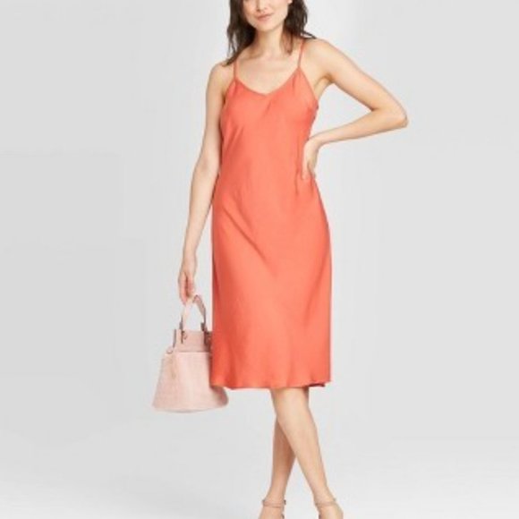 Salmon/coral satin slip dress - Picture 1 of 3